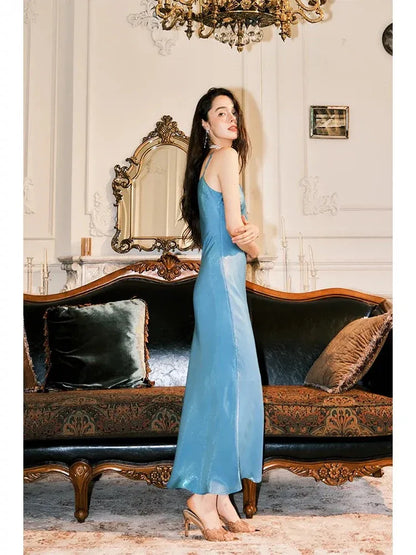 Glamorous Mermaid V-Neck Sleeveless Shimmering Sky Blue Maxi Prom Dress for Women Ready to Ship