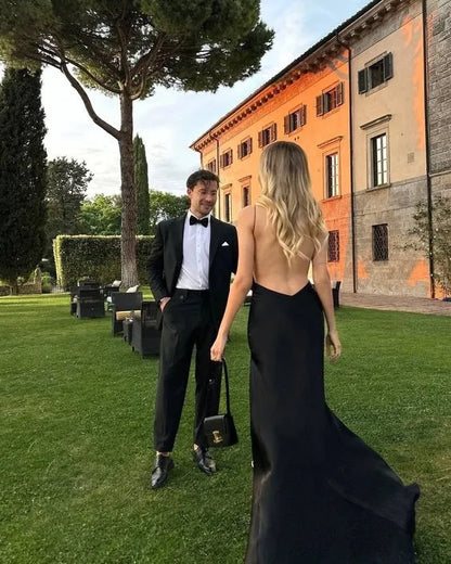 Mermaid V-Neck Spaghetti Strap Low-Back High Slit Black Floor-Length Prom Dress