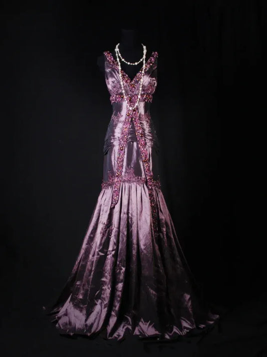Glamorous Mermaid V-neck Beaded Plum Evening Dress For Ladies Hot Sale