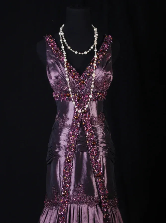 Glamorous Mermaid V-neck Beaded Plum Evening Dress For Ladies Hot Sale