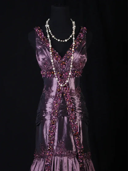 Glamorous Mermaid V-neck Beaded Plum Evening Dress For Ladies Hot Sale