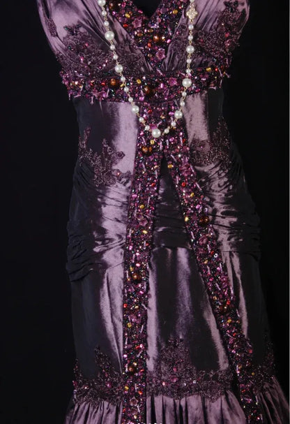 Glamorous Mermaid V-neck Beaded Plum Evening Dress For Ladies Hot Sale