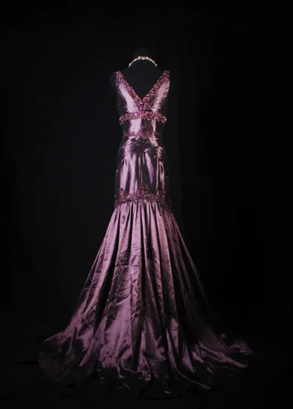 Glamorous Mermaid V-neck Beaded Plum Evening Dress For Ladies Hot Sale