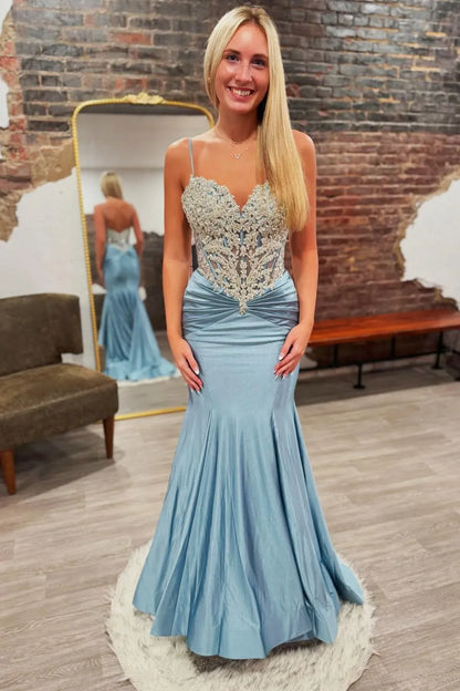 Glamorous Mermaid V Neck Sleeveless Satin Appliques Floor-Length Prom Dress