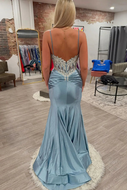 Glamorous Mermaid V Neck Sleeveless Satin Appliques Floor-Length Prom Dress
