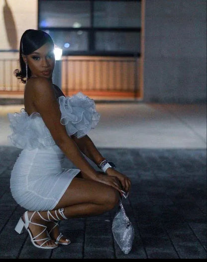 Glamorous Off Shoulder Ruffle Ruched Mini Party Dress Homecoming Dress