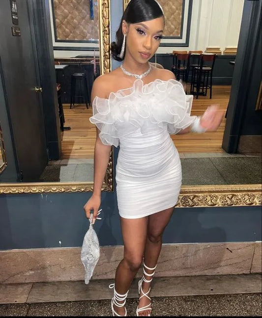 Glamorous Off Shoulder Ruffle Ruched Mini Party Dress Homecoming Dress
