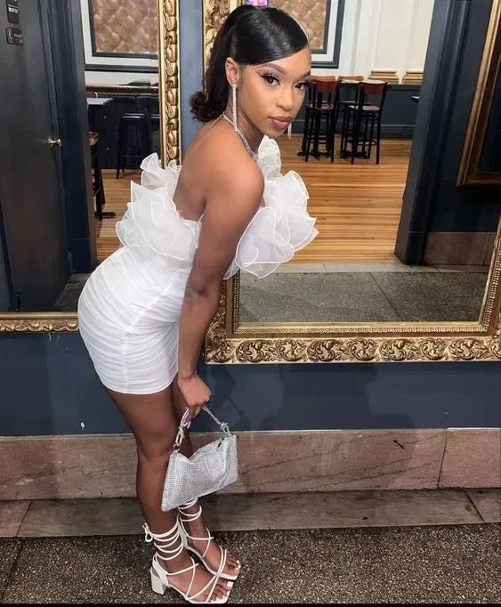 Glamorous Off Shoulder Ruffle Ruched Mini Party Dress Homecoming Dress