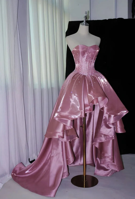 Glamorous Pink Strapless Beaded Sleeveless High-Low Satin Party Gown