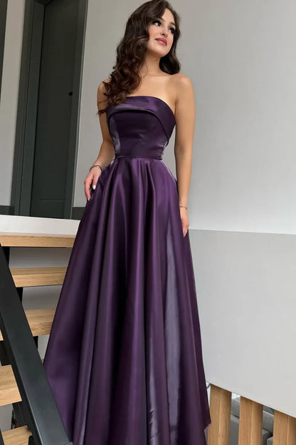 Glamorous Princess Strapless Sleeveless Satin Ruched Floor-Length Prom Dress