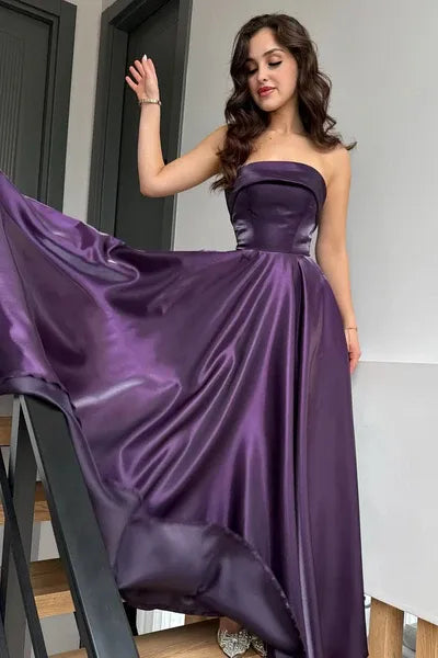 Glamorous Princess Strapless Sleeveless Satin Ruched Floor-Length Prom Dress