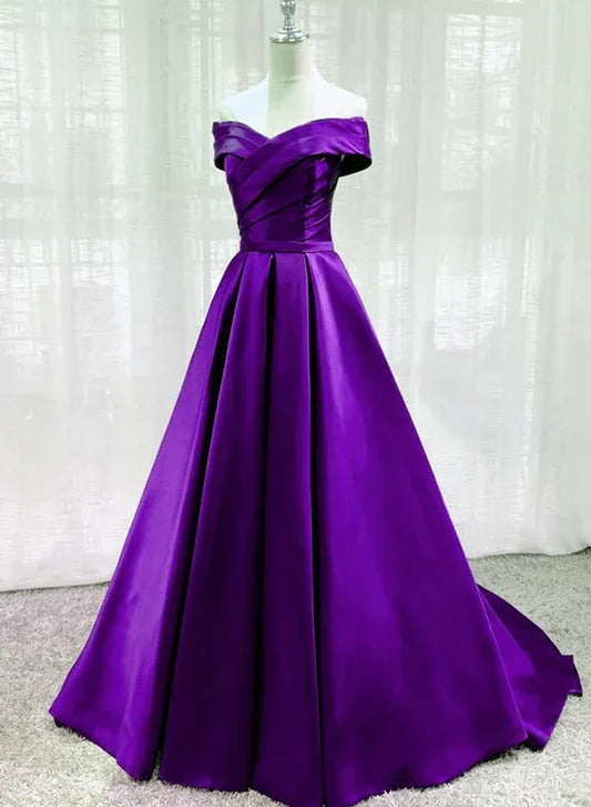 Glamorous Satin Floor-Length Evening Dress Purple Off-Shoulder Sleeveless Formal Women