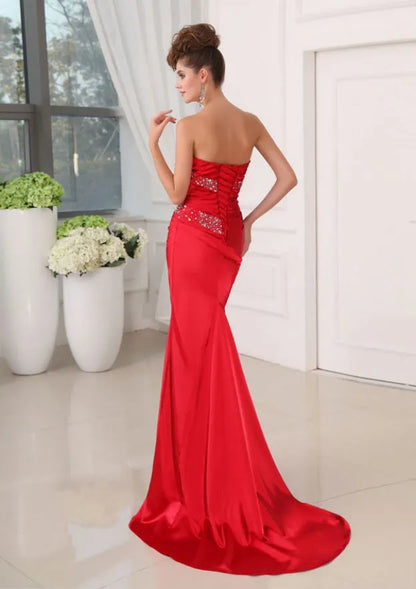 Glamorous Satin Long Evening Dress Red Strapless Sleeveless Party Gown for Women