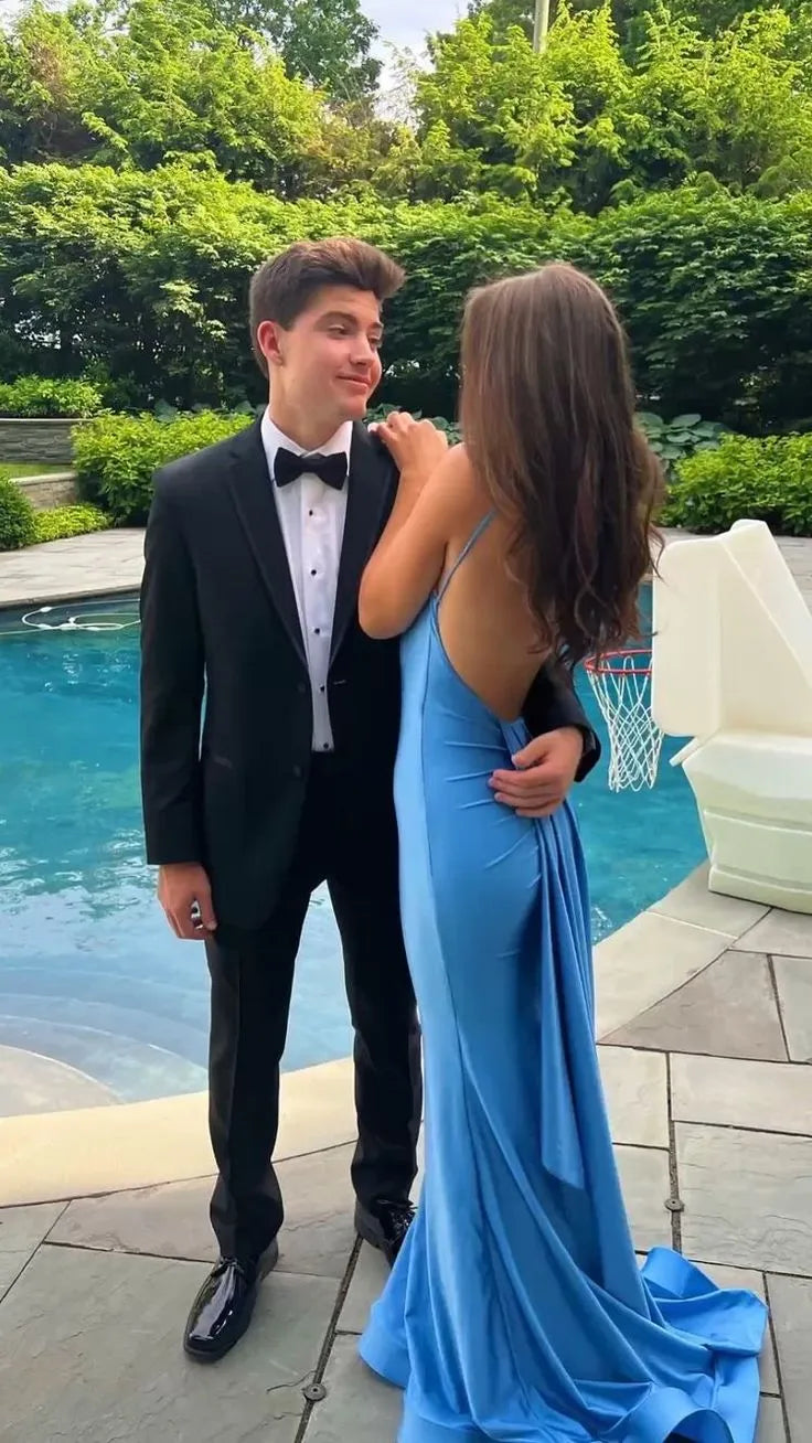 Glamorous Satin Maxi Evening Dress Cyan Deep V Spaghetti Straps for Women