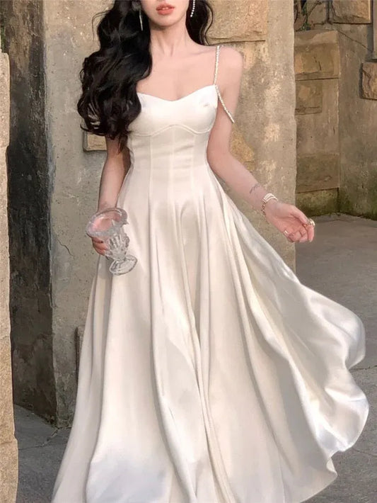 Glamorous Satin Maxi Evening Dress Ivory Sweetheart Strap for Women