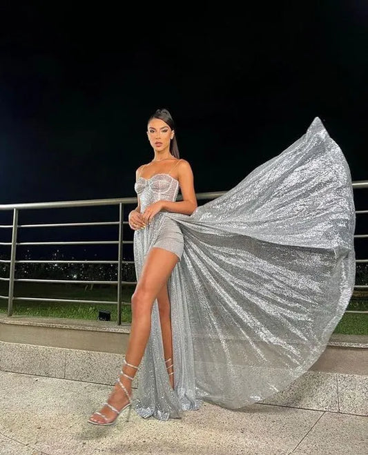 Glamorous Sequin-Tulle Floor-Length Evening Dress Silver Sweetheart Spaghetti-Strap Formal Women
