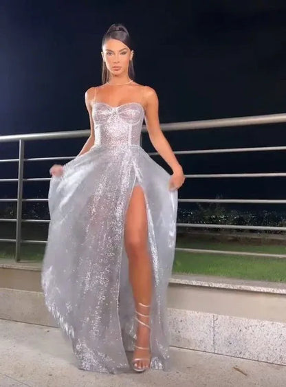 Glamorous Sequin-Tulle Floor-Length Evening Dress Silver Sweetheart Spaghetti-Strap Formal Women