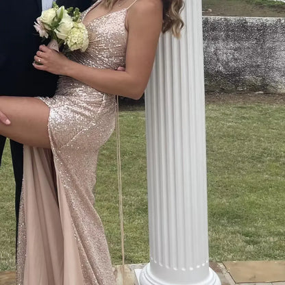 Glamorous Sequin Maxi Evening Dress Champagne Deep V-Halter Formal Women