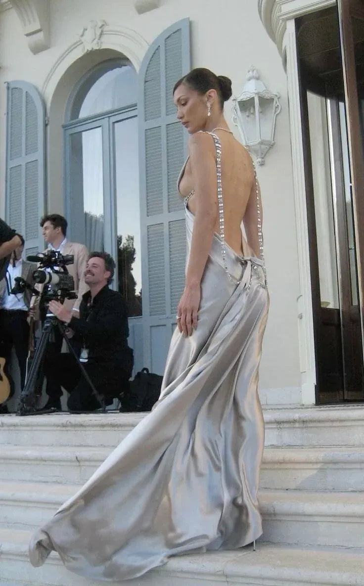 Glamorous Sheath Deep V-Neck Sleeveless Crystal-Trim Satin Silver Maxi Evening Dress for Women