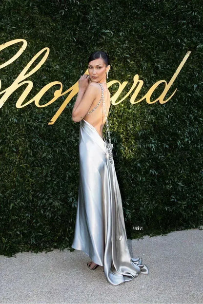 Glamorous Sheath Deep V-Neck Sleeveless Crystal-Trim Satin Silver Maxi Evening Dress for Women