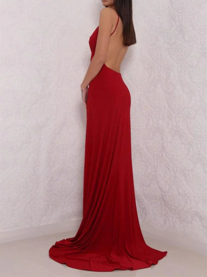Glamorous Sheath Deep V Spaghetti Strap Red Floor-Length Prom Dress