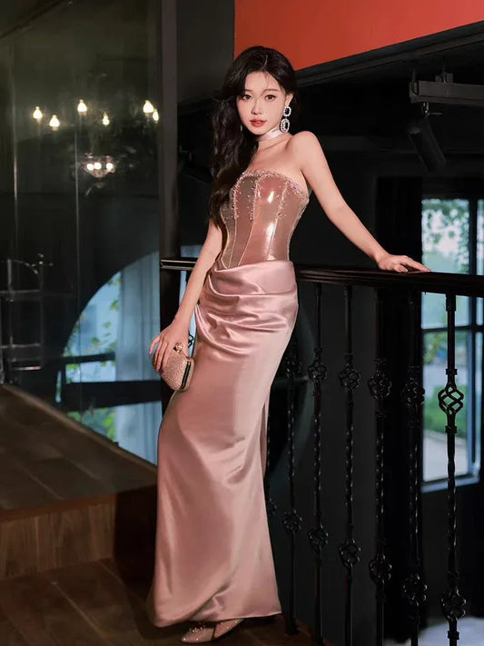 Glamorous Sheath Halter-Neck Sleeveless Satin-Braid Rose Gold Maxi Evening Dress for Women