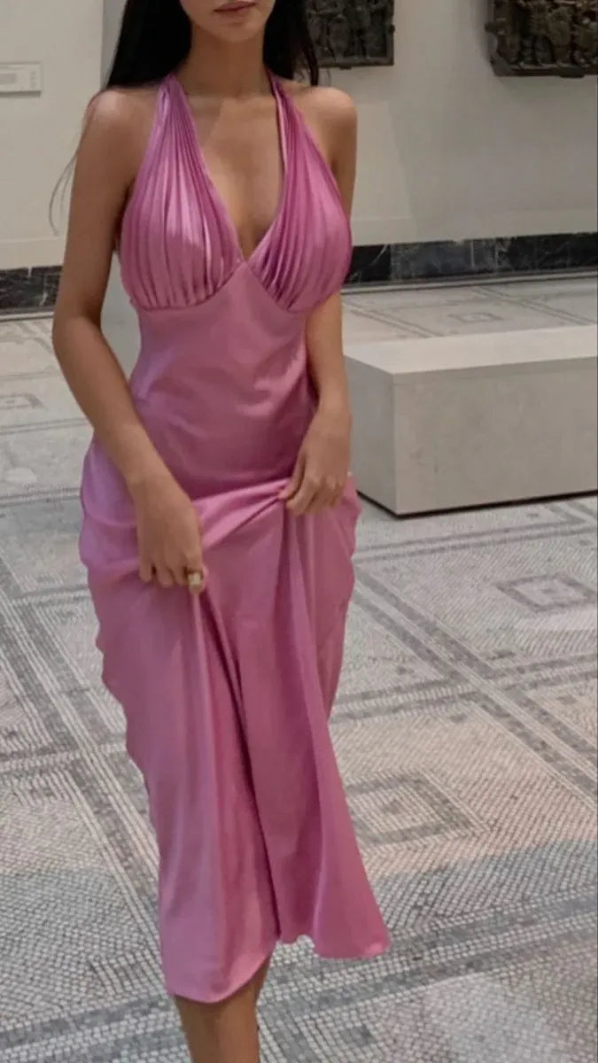 Glamorous Sheath Halter Neck Pleated Backless Pink Midi Prom Dresses