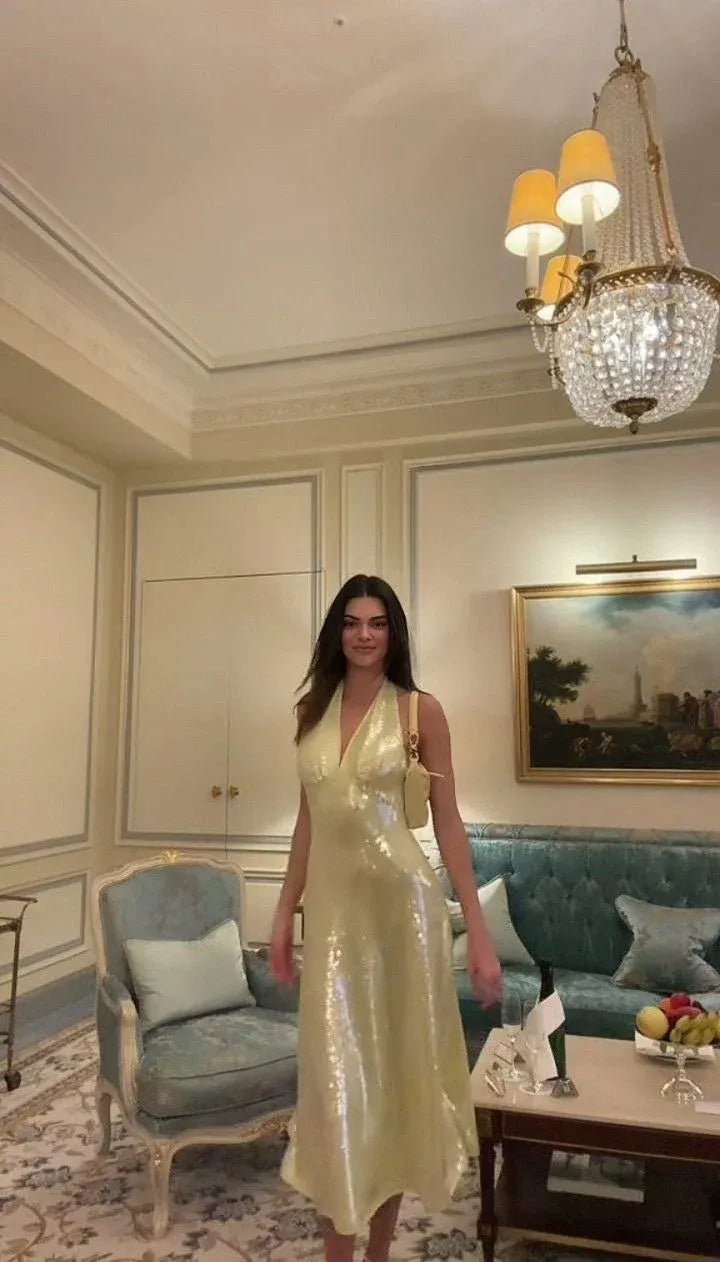 Glamorous Sheath Halter Sequin Pale Yellow Tea-Length Prom Dress