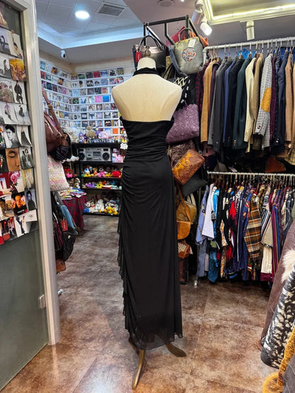 Glamorous Sheath Halter Sleeveless Ruched Black Maxi Prom Dress for Women Hot Sale