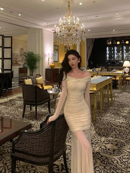 Glamorous Sheath Off-Shoulder Ruched Champagne Long Prom Dress for Women Ready to Ship