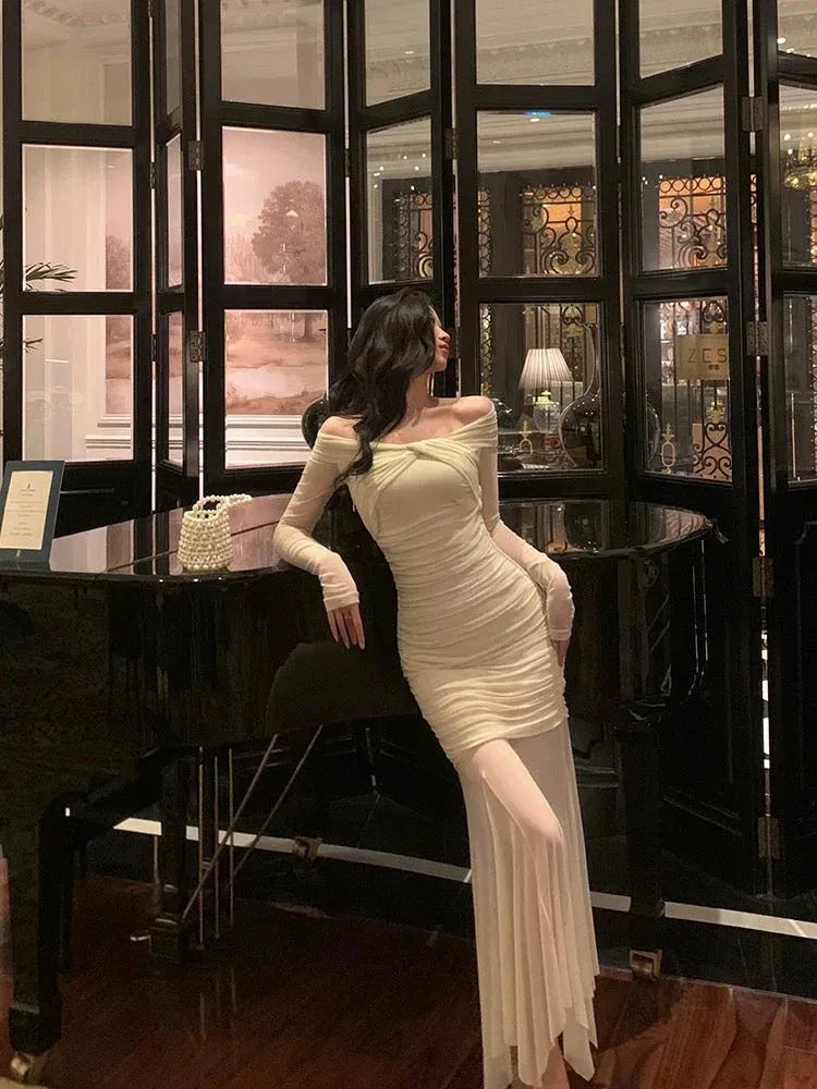 Glamorous Sheath Off-Shoulder Ruched Champagne Long Prom Dress for Women Ready to Ship