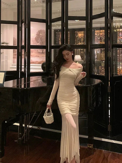 Glamorous Sheath Off-Shoulder Ruched Champagne Long Prom Dress for Women Ready to Ship