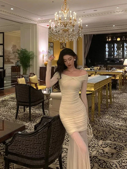 Glamorous Sheath Off-Shoulder Ruched Champagne Long Prom Dress for Women Ready to Ship