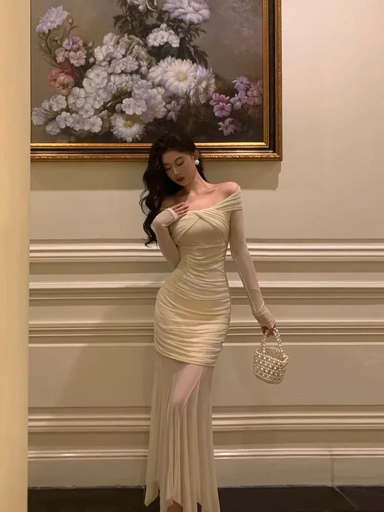 Glamorous Sheath Off-Shoulder Ruched Champagne Long Prom Dress for Women Ready to Ship