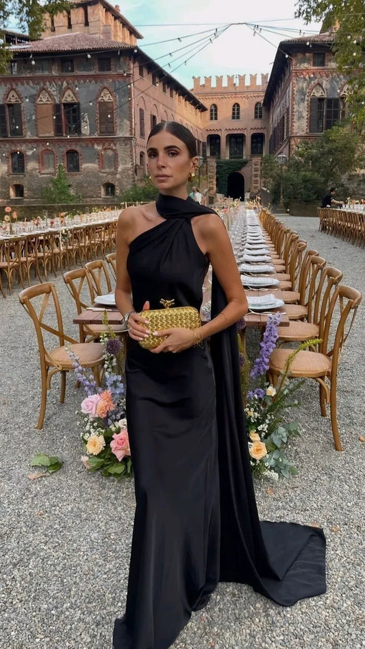 Glamorous Sheath One-Shoulder Capelet Satin Black Floor-Length Evening Dress for Women