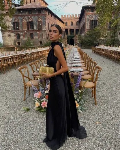 Glamorous Sheath One-Shoulder Capelet Satin Black Floor-Length Evening Dress for Women