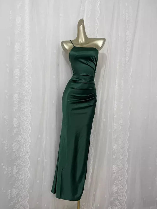 Glamorous Sheath One Shoulder Ruched Emerald Floor-Length Prom Dresses