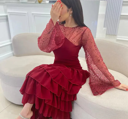 Glamorous Sheath Round-Neck Long-Sleeve Beaded Ruffled Burgundy Floor-Length Evening Dress for Women