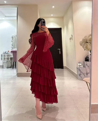 Glamorous Sheath Round-Neck Long-Sleeve Beaded Ruffled Burgundy Floor-Length Evening Dress for Women