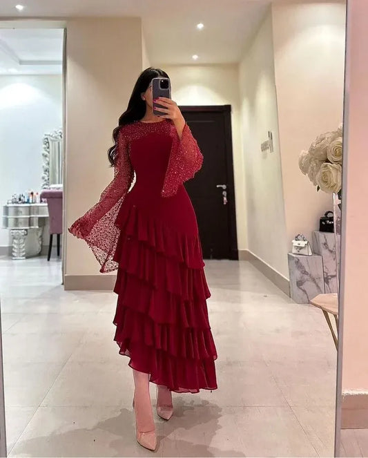 Glamorous Sheath Round-Neck Long-Sleeve Beaded Ruffled Burgundy Floor-Length Evening Dress for Women