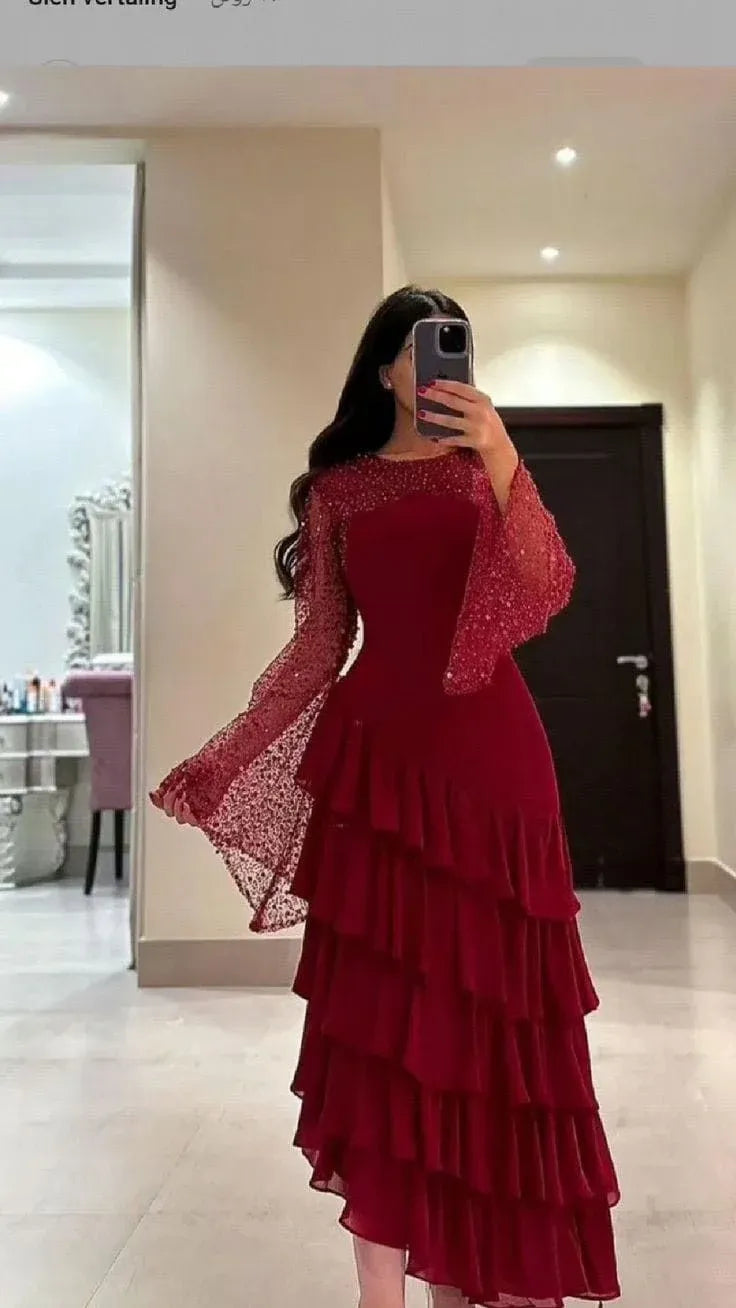 Glamorous Sheath Round-Neck Long-Sleeve Beaded Ruffled Burgundy Floor-Length Evening Dress for Women
