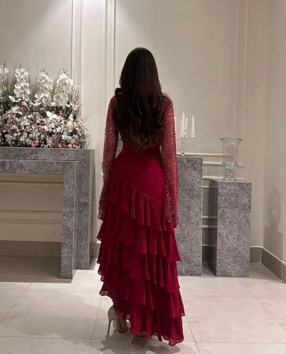 Glamorous Sheath Round-Neck Long-Sleeve Beaded Ruffled Burgundy Floor-Length Evening Dress for Women