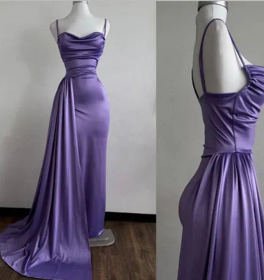 Glamorous Sheath Spaghetti Strap Cowl Neck Purple Floor-Length Prom Dresses