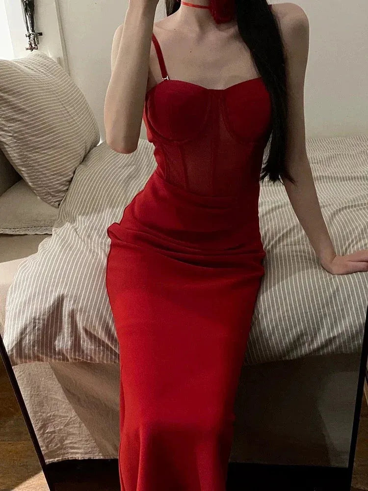 Glamorous Sheath Spaghetti Strap Mesh Ruched Red Floor-Length Prom Dresses