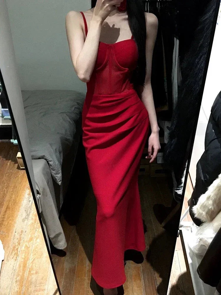 Glamorous Sheath Spaghetti Strap Mesh Ruched Red Floor-Length Prom Dresses