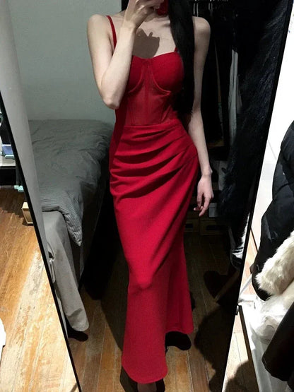 Glamorous Sheath Spaghetti Strap Mesh Ruched Red Floor-Length Prom Dresses
