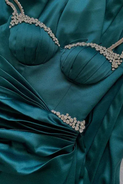 Glamorous Sheath Spaghetti Straps Sleeveless Satin Pleated Floor-Length Prom Dress