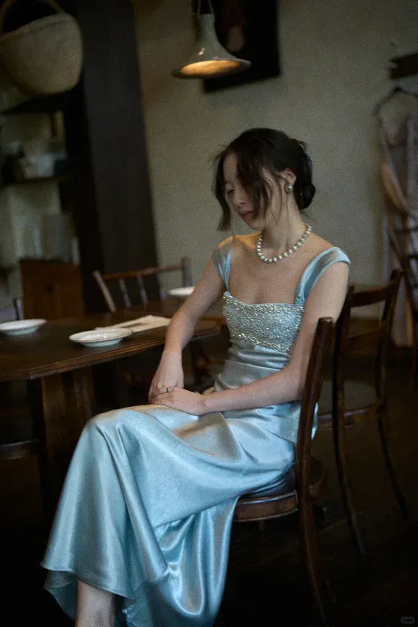 Glamorous Sheath Square Neck Short-Sleeve Beaded Ice Blue Maxi Prom Dress for Women Custom