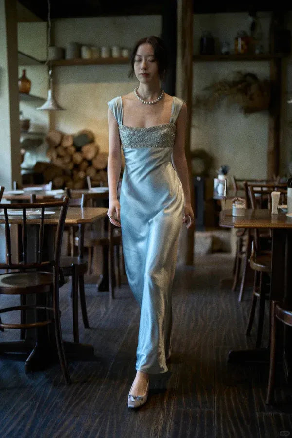 Glamorous Sheath Square Neck Short-Sleeve Beaded Ice Blue Maxi Prom Dress for Women Custom