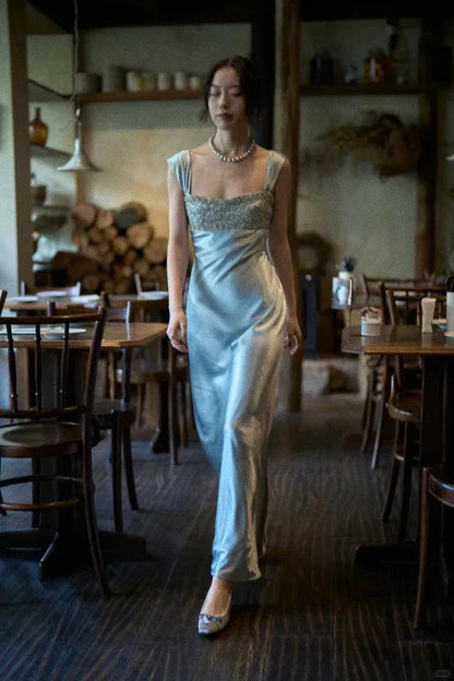 Glamorous Sheath Square Neck Short-Sleeve Beaded Ice Blue Maxi Prom Dress for Women Custom